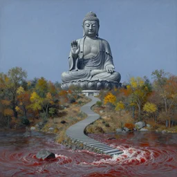 a gorgeous bleak autumn painting by barlowe wayne, maxfield parrish, gustave dore and marco mazzoni. a lonnely huge chinese buddha statue. grey blue and very little light verdancy. the winding stone steps. ultra clear detailed. 3 d, octane render. turbulent blood lake.