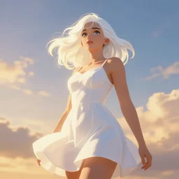 cute bombshell woman ( white dress ) ( white hair ) beautiful sky. artstation. below perspective volumetric lighting, golden hour, epic composition, atmospheric perspective, illustration, bounced lighting, subsurface scattering, depth of field, glow, perlin noise, 4 k, srgb, cinematic. beautiful lineart, clean lines, unreal by rembrandt. artgerm