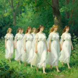 spirits in procession in a green forest ( maxfield parrish )