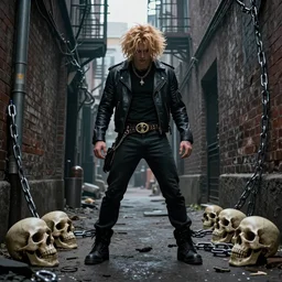 comic character Spawn in dark alley with chains and skulls, photoreal
