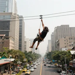 tarzan dangles from powerline, traffic below, big city