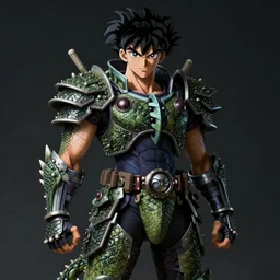 anime of young man with facial hair, brown eyes, full body, reptile armor by akira toriyama hyper realistic, dark fantasy detailed, high definition insanely detailed, bitter wide angle lens dark lighting, moody lighting