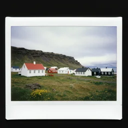 a small icelandic village in the 2 0 th century, wide shot, polaroid