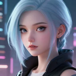 [ cyberpunk [ woman ] ] in a [ city ], high detail, curious eyes, blended shading, in the style of [ [ alphonse mucha and ruan jia and ross tran ] ], artstation, half body face portrait