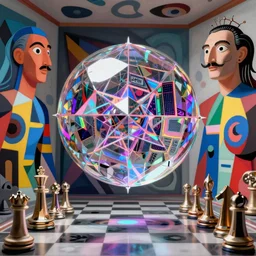 an extremely high quality hd surrealism 3 d render of a 4 d galactic neon complimentary - colored cartoon surrealism melting optical illusion 4 d perspective picasso room by dali and kandinsky with a spherical glassy multifaceted prismatic merkaba installation of holographic neon xray film, by kandinsky by picasso, 4 k, high quality, ultra realistic, glass, vector, metallic, chess