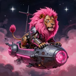 space, a mechanical lion with a pink neon mane, pink mohawk drives a pirate spaceship, punk, hyperdetailed illustration, stars, pink, neon, oil painting, rich deep colors masterpiece, pirate neon ship, ultra detailed, contrast, heaven pink, clouds, volumetric light, atmospheric lighting, dramatic, cinematic, moody, octane render 4 k, 8 k
