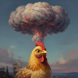 a nuclear mushroom cloud forming a cute chicken head, detailed digital painting, moody, colorful, digital art by kilian eng and simon stalenhag