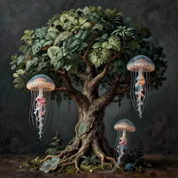 hyperrealistic still life painting of a horror tree with jellyfish veins, botanical print, Octane render, Caravaggio