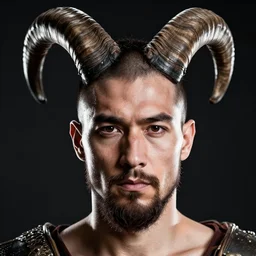 a close-up studio photography portrait of man with squared-jawed and Petit Goatee beard, two goat horn on this head, warrior style, dramatic backlighting