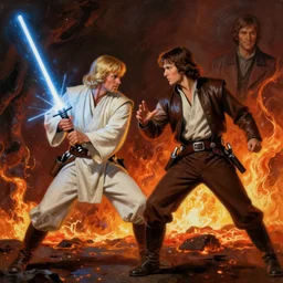Obi Wan Kenobi fighting Anakin Skywalker with a lightsaber, lava in the background, painted by Sargent, painted by Thomas Kinkade, Star Wars, 8k, high detail