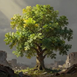 oak tree growing in the ruins of a city, post - apocalypse wasteland, gray dull background, vibrant colorful green leaves, hyperrealistic, very detailed leaves, sharp focus, highly detailed, fine art, fine lines, cinematic, ray of golden sunlight, digital art, soft lightning, muted colors, beautiful, cgssociety, artstation, oil painting by greg rutkowski, by artgerm, by wlop