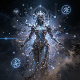 celestial deity, technology and magick, circuitry and sigils combined, photorealistic, royo, frazetta, leds, dust, laser light, crystalline shimmers, chaos, complexity, emergence,