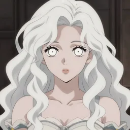 a anime woman wearing dress, detailed face, white curly hair, white pupils, by greg rutkowski, mandy jurgens