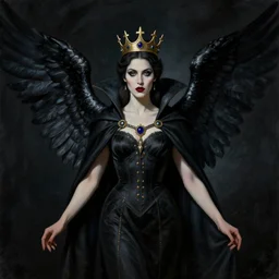 Illustrated by Shepard Fairey and H.R. Geiger | a renaissance style portrait painting of raven winged female vampire, wearing a crown and cape, dark background