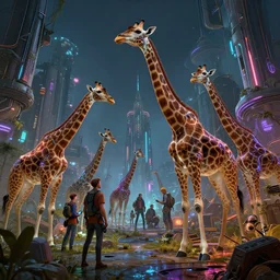 intricate detailed photo environement with cyberpunk giraffe : 4, 4 k rtx hdr volume light concept studio matte painting environement digital illustration style horizon zero dawn, artstation artur tarnowski, mihai muscan, marcin tomalak, marta leydy, marcin stepien, charlotte hughes, zuzanna dabrowa neon bioluminiscence