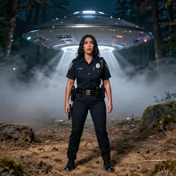 kim kardashian as a cop wearing a police uniform, full body portrait, emotion scared, night time forest with a ufo sitting in the fog, pretty, aesthetic, dust molecules, matte detailed photo, DeviantArt, Artstation, by donato giancola, ralph horley, loish, ufo lighting