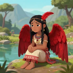 Young Harpy-Girl, red feathered wings, wearing Inka clothes, sad expression, sitting at a pond, mountainous area, trees in the background, digital art