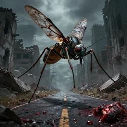 Giant mosquito monster flying in the road of the ruined city. Drops of blood and meat with veins on the road. Ruins. Dark colors, high detail, hyperrealism, horror art, 8k, concept art, intricate details, octane render, masterpiece, art by Ayami Kojima, Beksinski, Giger