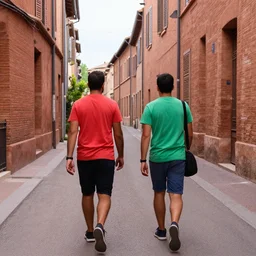 2 guys wearing colored t shirts walking down a rosd, by toulouse lautrec