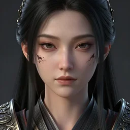 Art station concept of Asian woman, fair skin, big eyes, long black hair, no bangs, wearing sculpted textured armor, closes her eye, battle damage, intricate complexity, close-up of the front of the face, resolute expression, back lighting, 4K resolution, symmetric, clear facial features, by Ruan Jia and Mandy Jurgens and William-Adolphe Bouguereau, Karol Bak, smooth, sharp focus, rich deep colors, Unreal Engine 5, digital render, intricate, ultra realistic, concept art,