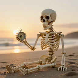 photograph of a skeleton holding a compass on a beach at sunset. pirates of the carribbean, cinematic lighting, golden hour