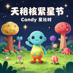 candy planet cartoon poster with fantasy alien trees and sweets. magic unusual nature landscape for computer game, fairy tale cosmic background with beautiful strange plants, cinematic view, epic sky, detailed, concept art, low angle, high detail, warm lighting, volumetric, godrays, vivid, beautiful, trending on artstation, by jordan grimmer, huge scene, grass, art greg rutkowski