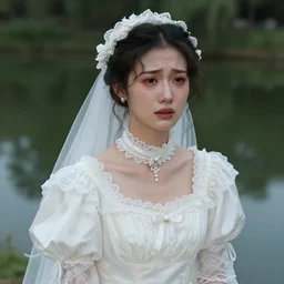 detailed studio portrait of a young victorian lady crying with a long cute beautiful wedding dress in a beautiful moody water pond, high quality by jeremy mann, only one head single portrait