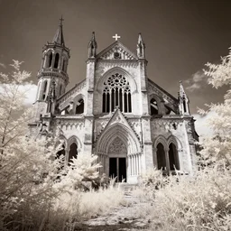 abandoned cathedral with overgrown vegetation, vintage infrared photograph