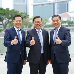 middle - aged singaporean businessmen posing for a photograph, thumbs up sign