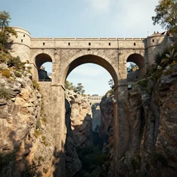Stone arches as a bridge connecting modern castles over a canyon, digital art, octane render