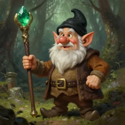 portrait of an old gnome with black spike hair, holding a quarterstaff with an emerald, in a forest, strong, lively, fantasy, highly detailed, digital painting, artstation, concept art, character art, art by greg rutkowski and tyler jacobson and alphonse mucha