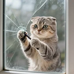 a scottish fold cat holding an iron bar in hands, breaking the glass of a window
