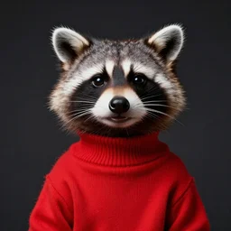 happy raccoon wearing a red turtleneck sweater, dark bg, facing camera, studio portrait