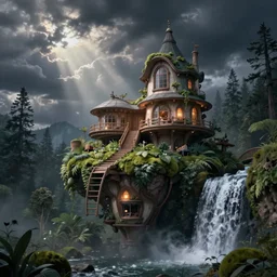 futuristic dreamy house on a hill next to a waterfall in the world of upside down, inspired by tim burton