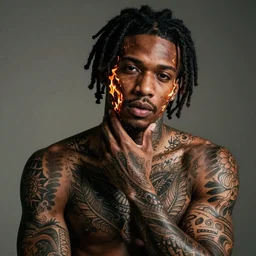 Realistic Black man with burning tattoos, body and face tattoos, Dreadlock hair, artistic pose, light atmosphere, cinematic shot, intricate, ornate, photorealistic, ultra detailed, realistic, 100mm, photography, octane, high definition, depth of field, bokeh, 8k, artstation