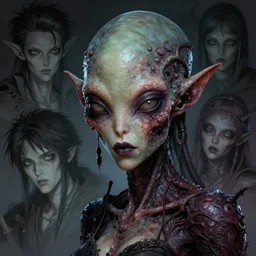 a photo of alien dark fae girlboss based on helena bonham carter face mutating into insect, bumpy mottled skin, body horror, by yoshitaka amano, by greg rutkowski, by jeremy lipkinng, by artgerm, digital art, octane render