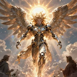 digital art of a pale menacing male Cyborg Angel of Battle with fluffy blond curls of hair and piercing eyes, ascending to godhood blessed by the sun, bathed in scintillating radiance, johan liebert mixed with Dante, central composition, he commands the fiery power of resonance and wrath, very very long blond curly hair, baroque curls, by WLOP, Artstation, CGsociety