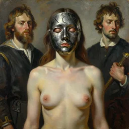 The waist-high portrait of beautiful woman with closed eyes in steel full-face occult mask with number XCIX on background by Ilya Repin, William Blake, Michelangelo da Caravaggio and Beksinski, highly detailed oil painting, trending by artstation, fantasy character, 4k, masterpiece