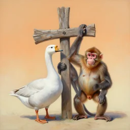 by corine perier, anatomy by ellen jewett, anatomy by ronald ong, anatomy by arne olav gurvin fredriksen, cold hue's, warm tone gradient background, beautiful composition, painting of cross between goose & monkey, intercrossed animal, - h 7 6 8