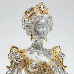 sculpture made of crystal and gold in rococo style, portrait, queen, fashion ,future, Harpers Bazaar, Vogue magazine, insanely detailed, and_intricate ,concept art, close up