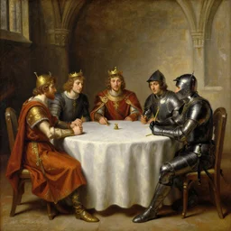 oil painting of king arthur and lancelot sitting at the round table in camelot, edward robert hughes