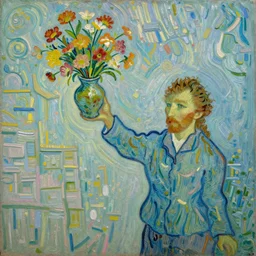 a van gogh style painting of a woman throwing a flower vase spray painted on an alley wall