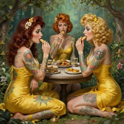 yellow jacket tattooed pinups sitting at the garden playing chews, deep focus, turnaround, fantasy, intricate, elegant, highly detailed, digital painting, artstation, concept art, matte, sharp focus, illustration, hearthstone, art by artgerm and greg rutkowski and alphonse mucha.