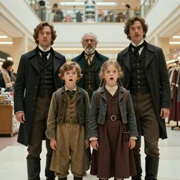 sharp, highly detailed, 15360k film, 14000mm frame still from a sci fi blockbuster color movie made in 2019, a family of four time travelers from 1860 travel in time to 2019, appearing in a shopping mall, looking surprised, the family are all wearing 1860s era clothes, cinematic lighting, in focus, cinematic still, extremely high quality scan, in focus, 350mm f/1.4L lens