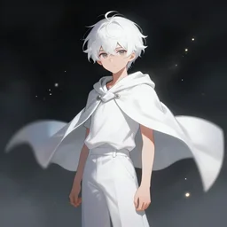 anime young boy with short wavy white hair wearing white clothes with short cape surrounded by light orbs, moody, wlop, concept art, digital painting, trending on artstation, highly detailed, epic composition, 8 k uhd
