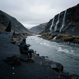 a 4K high-definition expansive view of a pitch-black rampart sitting beside a river, black flags, cascading mountains on the other side of the river, highly detailed, cinematic, realistic