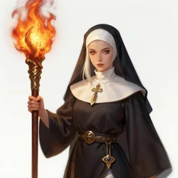 a highly detailed illustration of beautiful platinum blonde nun wielding giant flaming wooden stake, powerful wielding wooden stake pose, perfect face, intricate, elegant, highly detailed, centered, digital painting, artstation, concept art, smooth, sharp focus, league of legends concept art, wlop.