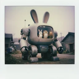 oversized battle rabbit robot chubby fatmech trailer wheels vehicle with big ears with rabbit and owl sitting inside, on village full body, nighttime, cinematic focus, polaroid photo, vintage, neutral dull colors, soft lights, foggy, overcast by oleg oprisco, by thomas peschak, by discovery channel, by victor enrich, by gregory crewdson