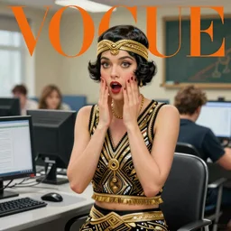 vogue magazine, vintage roaring 2 0 s flapper, surprised, computer lab, greg rutkowski, john singer sargent, anime, trending on pixiv, oil painting, crop top, intricate