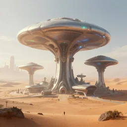 a futuristic image of an alien desert with a gigantic complex mushroom shaped spaceport, fine detail, by James clyne and Andrée Wallin, foggy, cyberpunk city in the distance, iridescent, artstation, CG society, Ariel view, extra wide angle, morning light